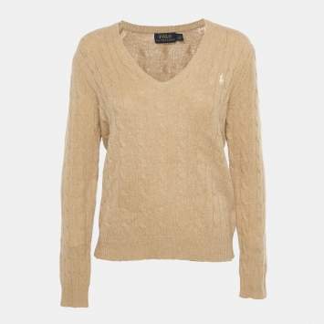 مملوكة مسبقًا Polo Ralph Lauren Brown Cable Knit V-Neck Sweater L