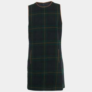 مملوكة مسبقًا Polo Ralph Lauren Green /Navy Blue Plaid Leather Trim Mini Dress L