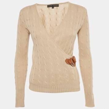 Pre Owned Polo Ralph Lauren Beige Cable Knit Leather Trim Crossover Top XS