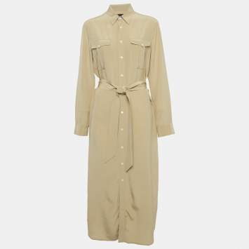 Pre Owned Polo Ralph Lauren Beige Silk Belted Long Shirt Dress L
