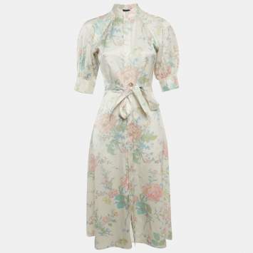 مملوكة مسبقًا فستان بولو رالف لورين زهور مشجرة ساتان كريمي بحزام مقاس صغير - إكس سمول