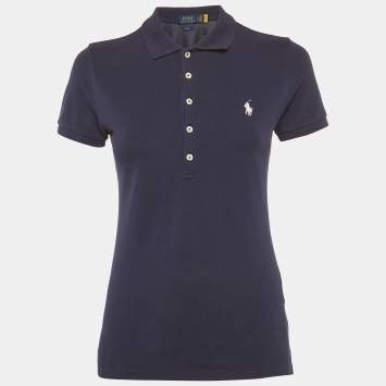 Pre Owned Polo Ralph Lauren Navy Blue Pique Slim-Fit Polo T-Shirt S