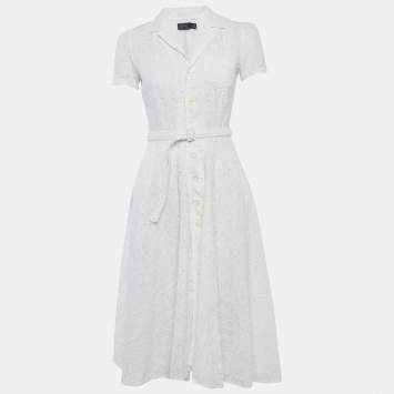 Pre Owned Polo Ralph Lauren White Linen Eyelet Belted Midi Dress XS 