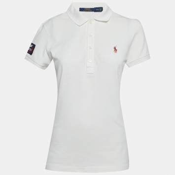 Pre Owned قميص تي شيرت بولو رالف لورين أبيض جيرسي بيكيه مقاس متوسط (ميديم)