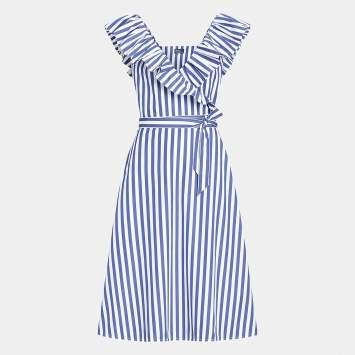 Pre Owned Polo Ralph Lauren White/Blue Striped Cotton Wrap Midi Dress S