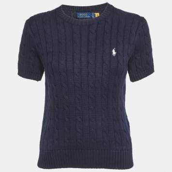 Pre Owned Polo Ralph Lauren Blue Cable Knit Short Sleeve Pullover M