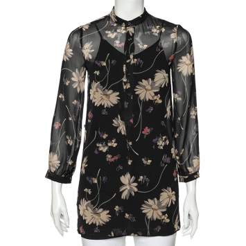Pre Owned Polo Ralph Lauren Black Floral Printed Chiffon Tunic M