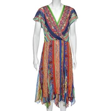 Pre Owned Polo Ralph Lauren Multicolored Printed Silk Asymmetric Hem Detail Dress M
