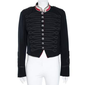 Pre Owned Polo Ralph Lauren Black Wool Embroidered Cropped Military Jacket XL
