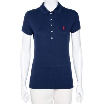 Pre Owned Polo Ralph Lauren Navy Blue Cotton Pique Slim Fit Polo T-Shirt M