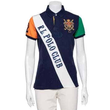 Pre Owned Polo Ralph Lauren Navy Blue Cotton Pique Logo Embroidered Polo T-Shirt L