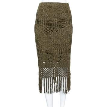 Pre Owned Polo Ralph Lauren Olive Green Open Knit Linen Fringed Midi Skirt XS
