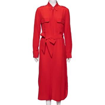 Pre Owned Polo Ralph Lauren Coral Red Silk Crepe De Chine Belted Shirt Dress M