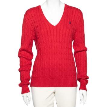 Pre Owned Polo Ralph Lauren Dark Red Cotton V-neck Kimberly Sweater XL