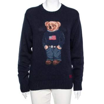 Pre Owned Polo Ralph Lauren Navy Blue Teddy Bear Wool Knit Sweater M 