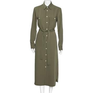 Pre Owned Polo Ralph Lauren Olive Green Crepe Belted Shirt Dress S