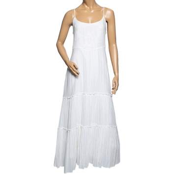 Pre Owned Polo Ralph Lauren White Cotton Embroidered Detail Sleeveless Maxi Dress S