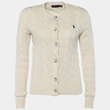Pre Owned Polo Ralph Lauren Cream Woven Knit Button Front Cardigan XS