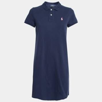 Pre Owned Polo Ralph Lauren Navy Blue Cotton Mesh Mini Polo Dress L