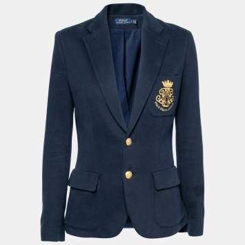 Pre Owned Polo Ralph Lauren Navy Blue Cotton Crest Embroidered Blazer M