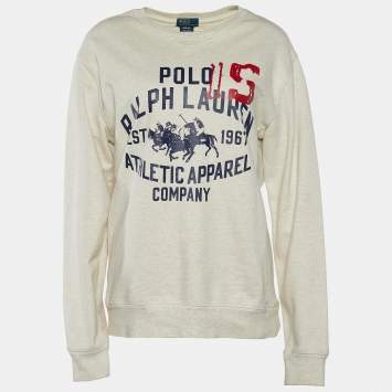 Pre Owned Polo By Ralph Lauren Cream Logo Print  Crew Neck Sweatshirt XL