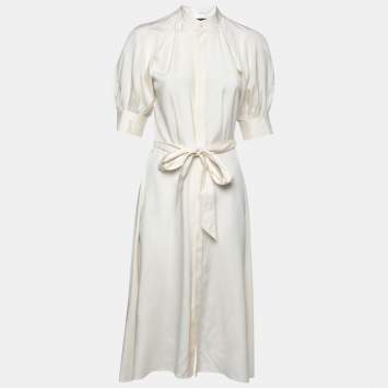 Pre Owned Polo Ralph Lauren White Satin Button Front Belted Maxi Dress S