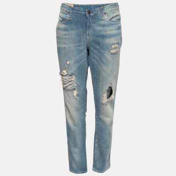 Pre Owned Polo Ralph Lauren Blue Distressed Denim Astor Boyfriend Jeans M Waist 32