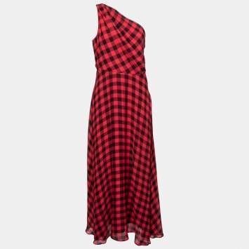 Pre Owned Polo Ralph Lauren Red and Black Checked Crepe Buffalo One Shoulder Dress M 