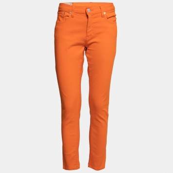 Pre Owned Polo Ralph Lauren Orange Denim Tompkins Cropped Skinny Jeans M 