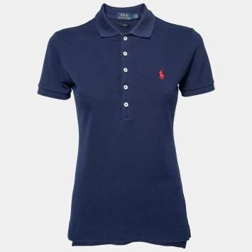 Pre Owned Polo Ralph Lauren Navy Blue Cotton Pique Slim Fit Polo T-Shirt S