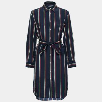 Pre Owned Polo Ralph Lauren Navy Blue Striped Silk Belted Shirt Dress L 