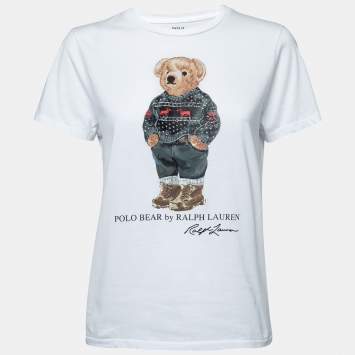 Pre Owned Polo Ralph Lauren White Teddy Bear Print Cotton Short Sleeve T-Shirt M