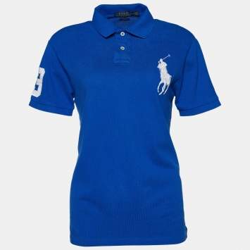 Pre Owned Polo Ralph Lauren Blue Logo Embroidered Cotton Pique Polo T-Shirt M