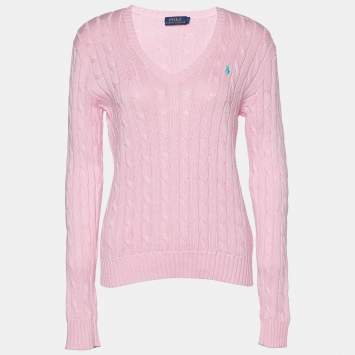 Pre Owned Polo Ralph Lauren Pink Cotton Cable Knit V-neck Sweater M
