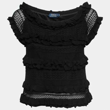Pre Owned Polo Ralph Lauren Black Crochet Knit Tiered Top M