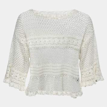 Pre Owned Polo Ralph Lauren White Floral Crochet Knit Top XS