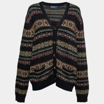 Pre Owned Polo Ralph Lauren Multicolor Intarsia Knit Suede Patch Detail Cardigan XL