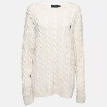 Pre Owned Polo Ralph Lauren Cream Cotton Cable Knit Round Neck Sweater XL