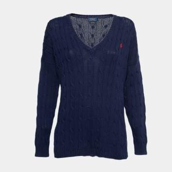 Pre Owned Polo Ralph Lauren Navy Pima Cotton Cable Knit V-Neck Jumper L