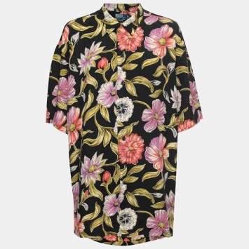 Pre Owned Polo Ralph Lauren Black Floral Printed Rayon Short Sleeve Shirt L