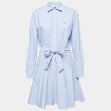Pre Owned Polo Ralph Lauren Light Blue Cotton Belted Shirt Dress S