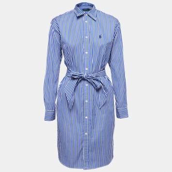 Pre Owned Polo Ralph Lauren Blue Striped Cotton Belted Shirt Dress S