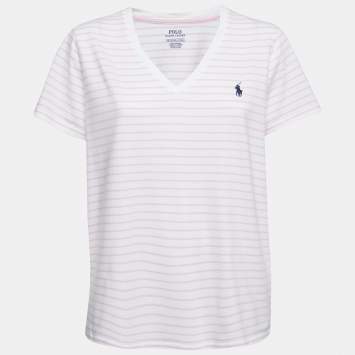 Pre Owned Polo Ralph Lauren White & Pink Cotton V-Neck T-Shirt XL