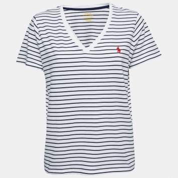 Pre Owned Polo Ralph Lauren White & Navy Striped Cotton V-Neck T-Shirt XL