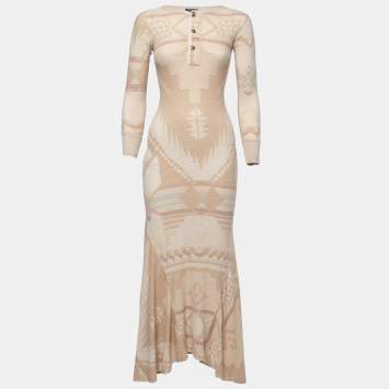Pre Owned Polo Ralph Lauren Beige Tribal Patterned Knit Long Sleeve Maxi Dress XS