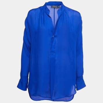 Pre Owned Polo Ralph Lauren Blue Silk Full Sleeve Blouse XS