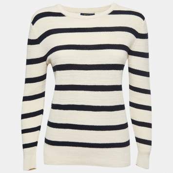 Pre Owned Polo Ralph Lauren Cream/Navy Blue Striped Knit Crew Neck Jumper M