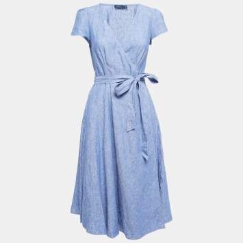 Pre Owned Polo Ralph Lauren Blue Linen Wrap Dress S