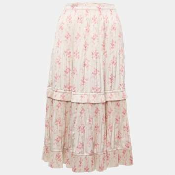 Pre Owned Polo Ralph Lauren Cream Floral Printed Plisse Satin Midi Skirt S