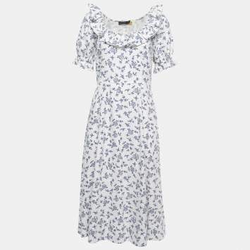 مملوكة مسبقًا Polo Ralph Lauren White Floral Printed Linen Ruffled Midi Dress M